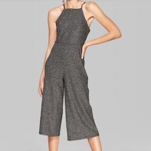 Wild Fable Metallic Square Neck Knit Cropped Jumpsuit Black Silver Size Medium